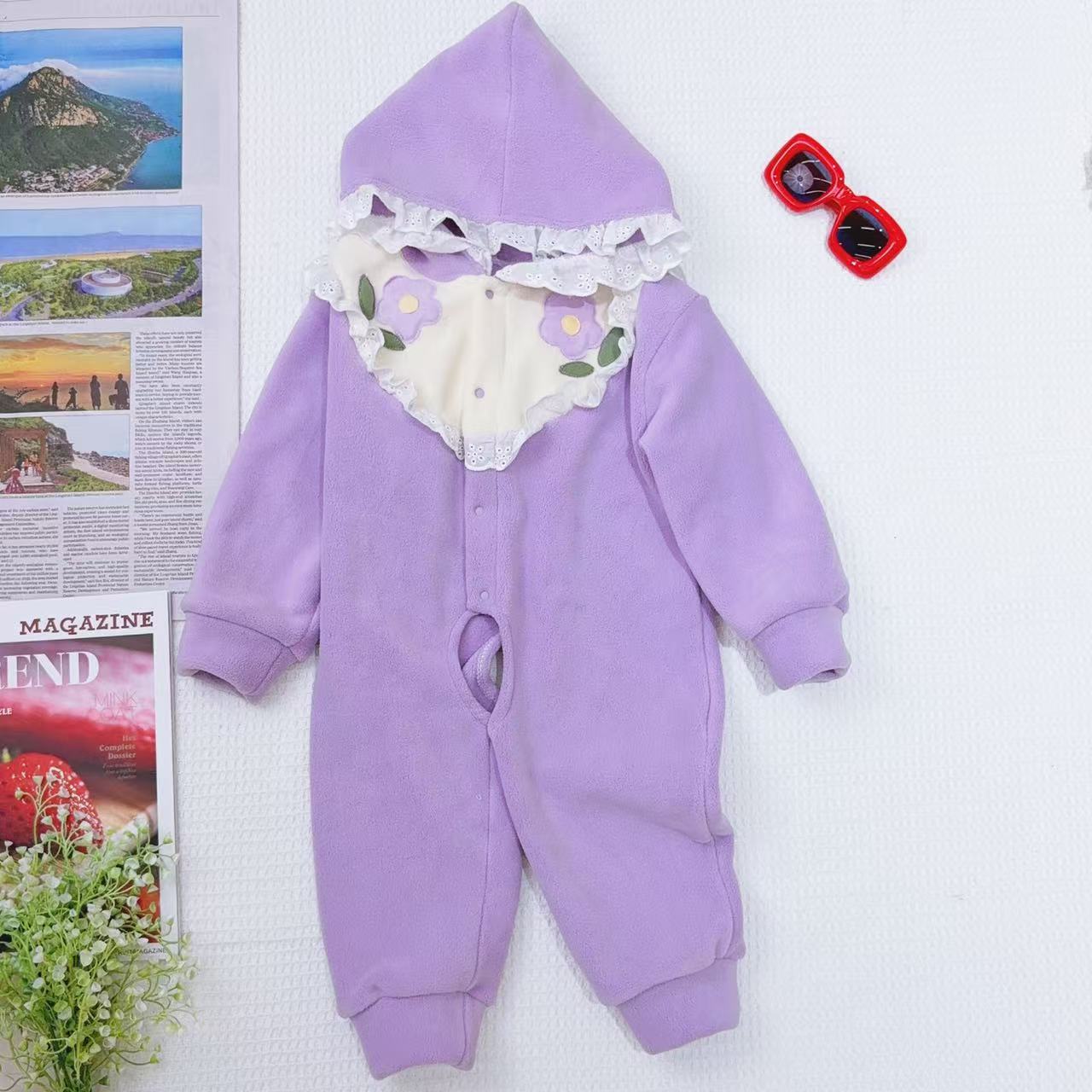 婴幼儿冬季长袖外套带帽哈衣 大版型摇粒绒连身罩衣 加绒卡通风