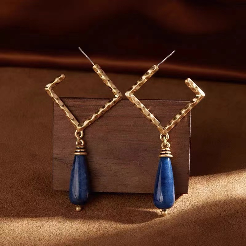 铜合金耳饰 新中式长条国风复古耳饰莫兰迪雾霾蓝几何镂空耳钉