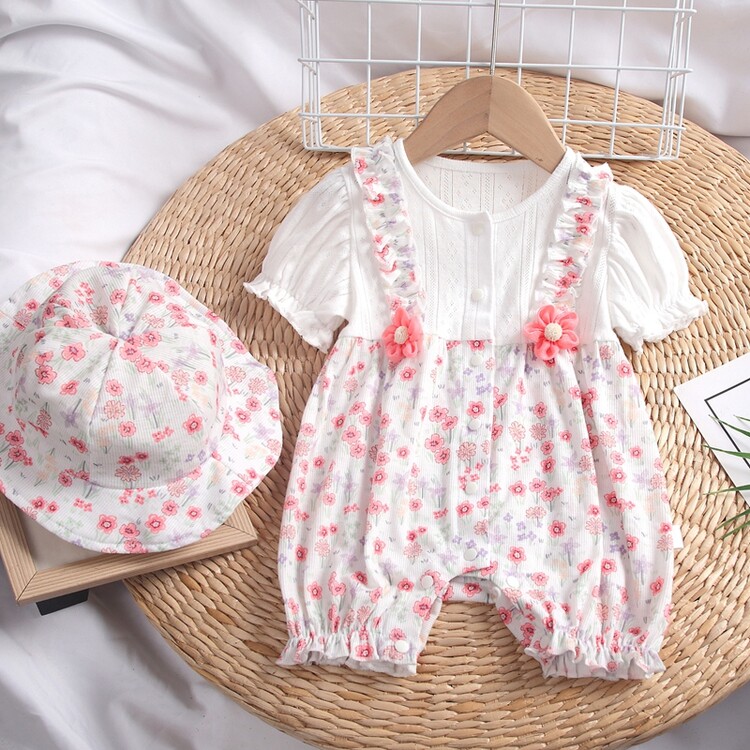 假两件花朵婴儿衣服外出连身衣/爬服/哈衣甜美夏季女童婴幼童