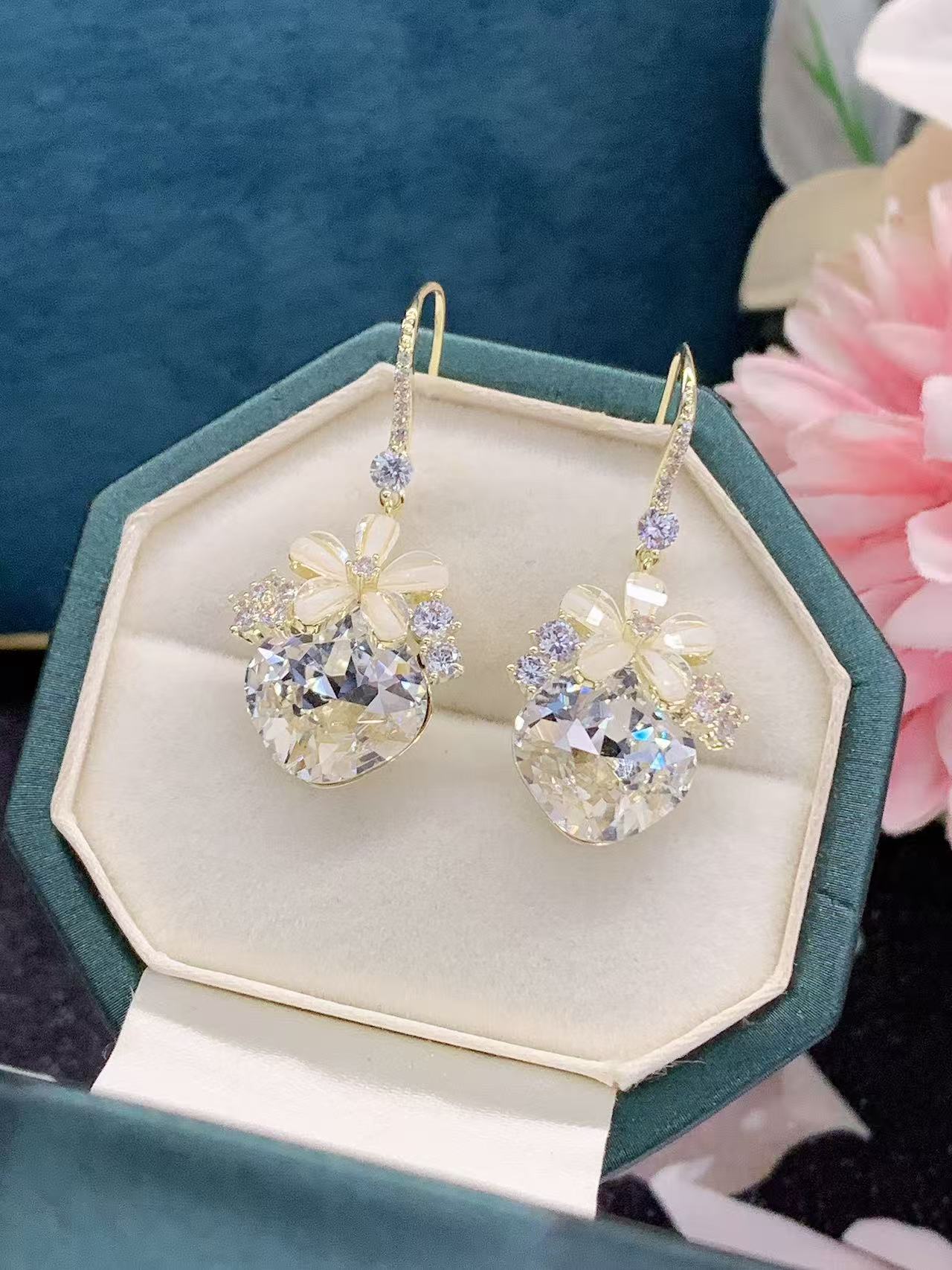 铜合金合成锆石耳饰 2025新款【高定繁花似锦水灵灵】耳环