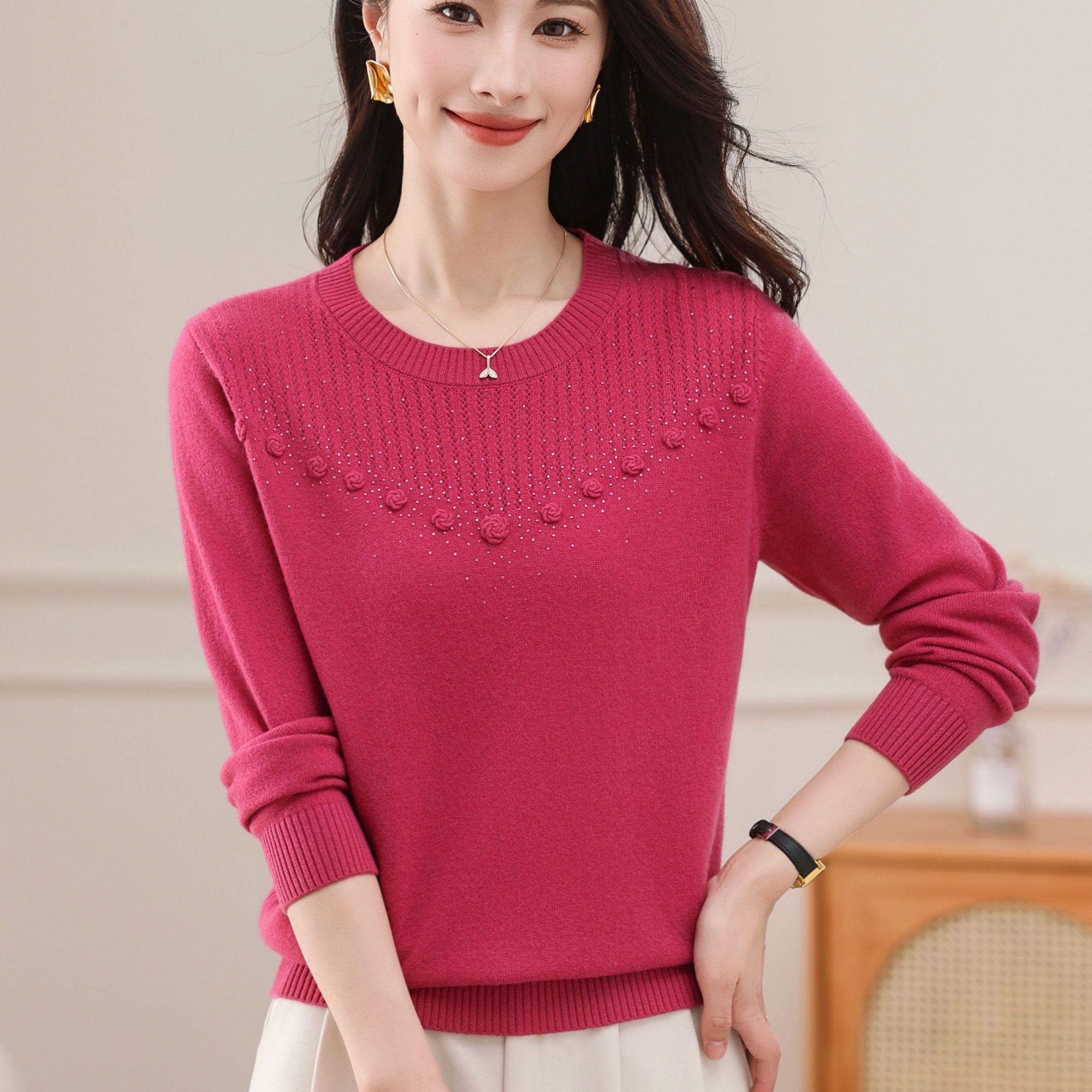 黛妍8901冬季新款100%羊毛百搭减龄圆领小花女款针织套头上衣