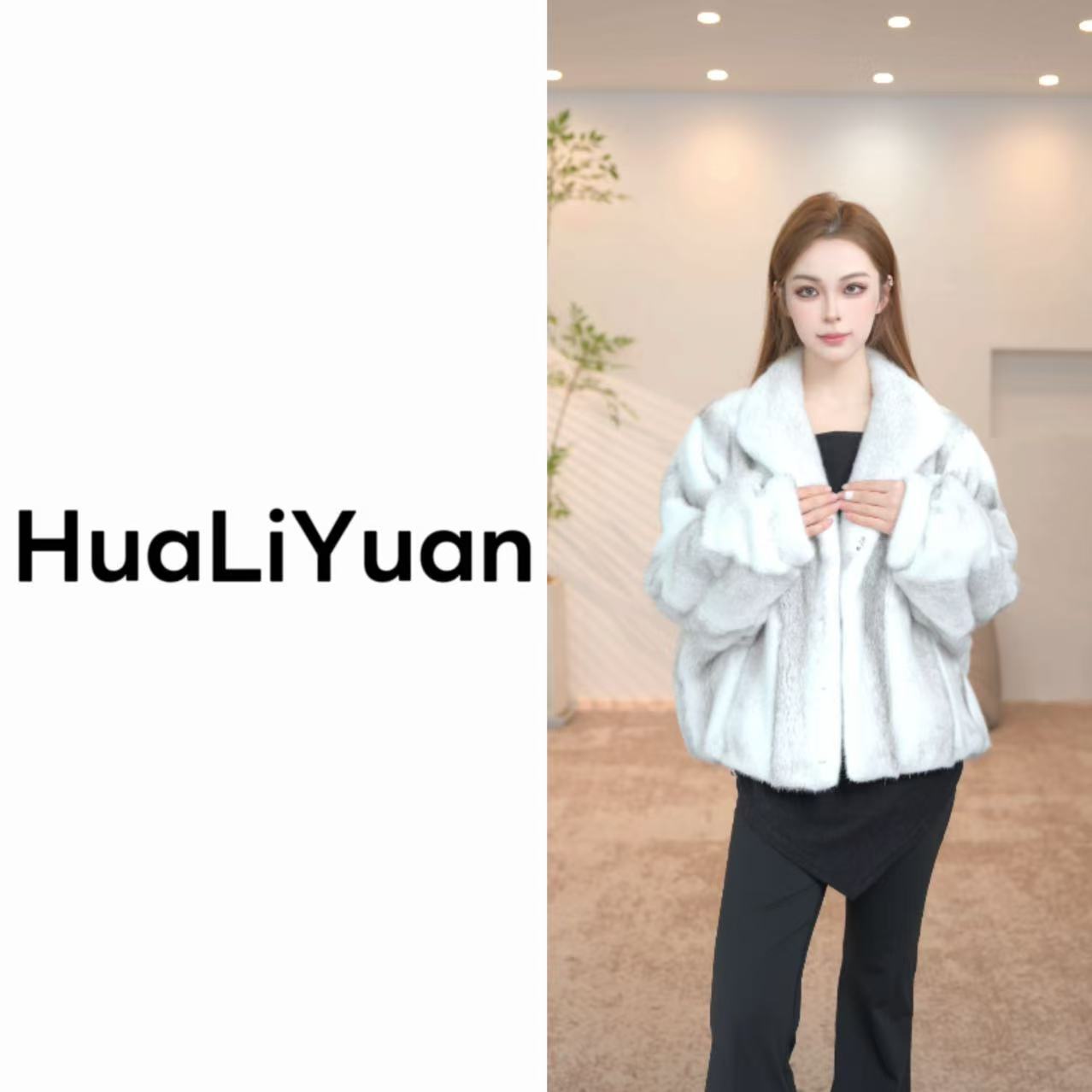【华丽园】进口水貂立翻领喜马拉雅银十字竖排娃娃领灯笼袖外套3306