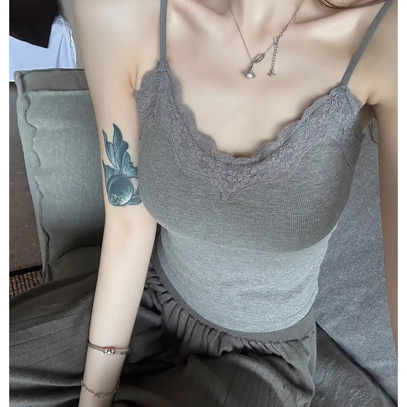 秋冬新款人棉磨毛一体式蕾丝吊带背心女内搭外穿美背抹胸打底衫