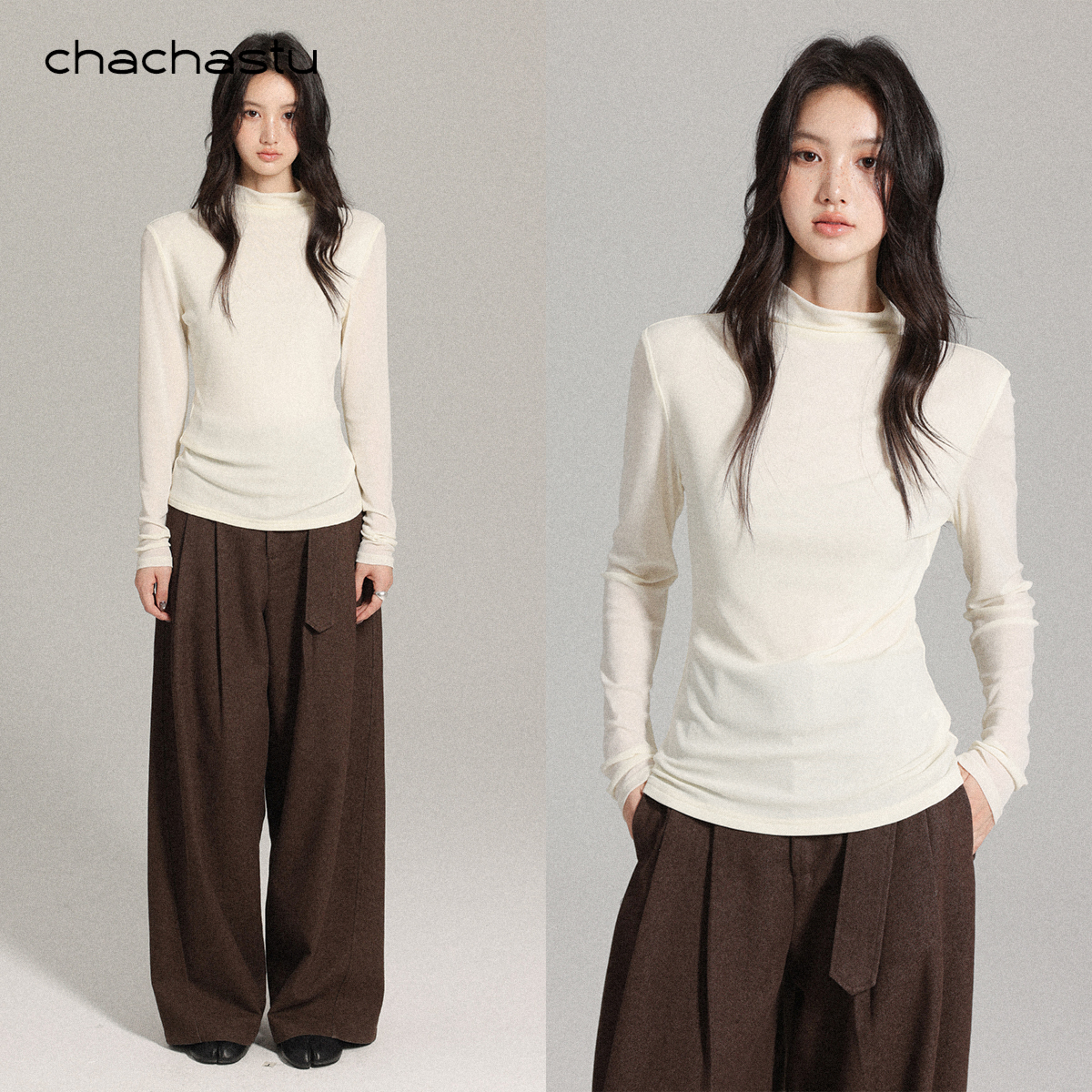 CHACHASTU【温暖抵达】主推氛围叠穿高弹网纱半高领上衣T恤ZRS1912