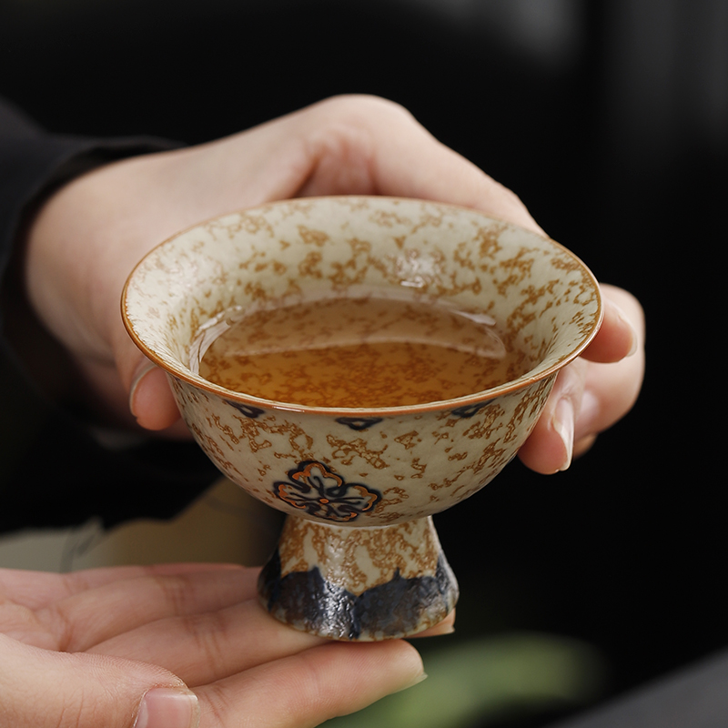 青花火石红茶杯陶瓷手绘描金主人杯罗汉杯高档轻奢茶具复古品茗杯