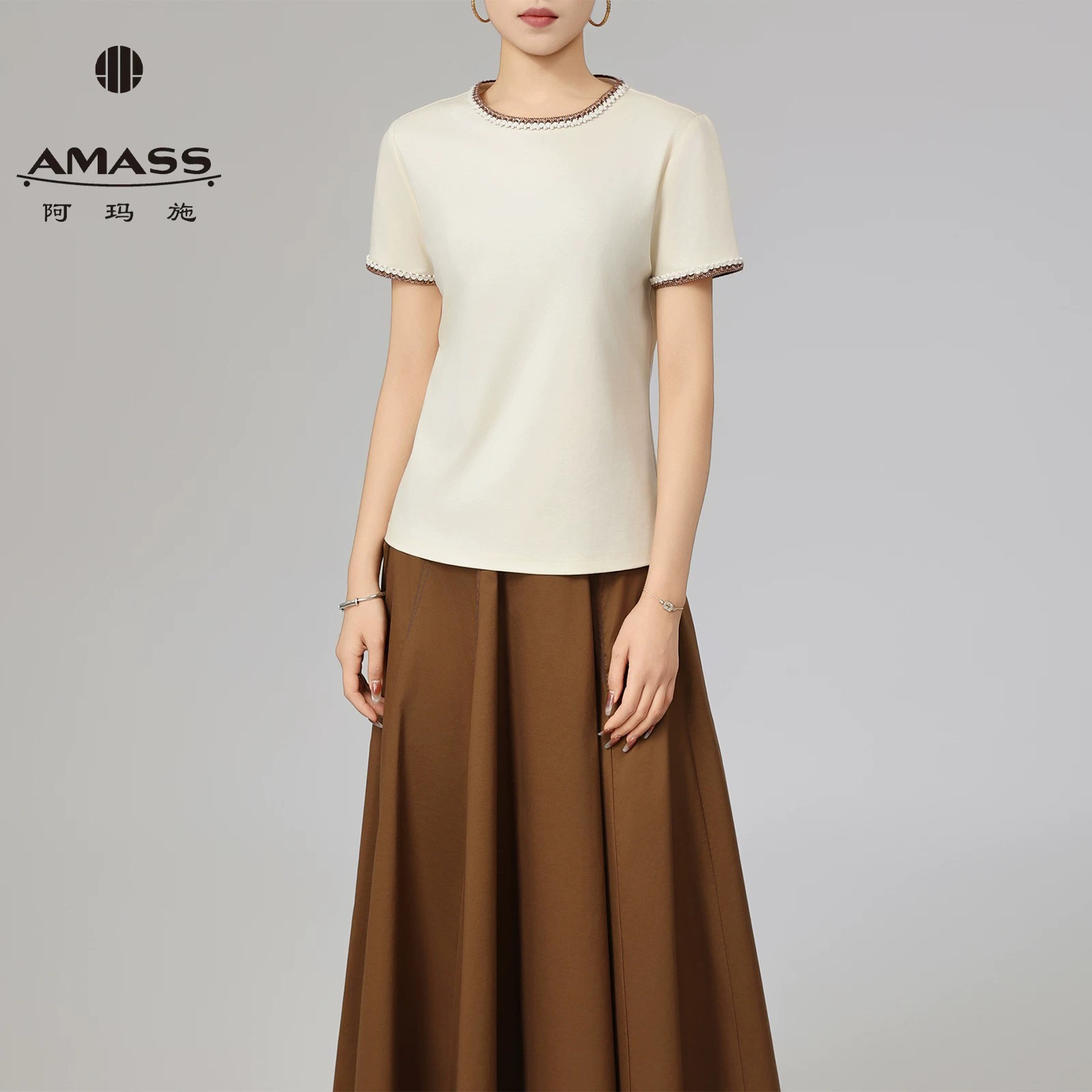 阿玛施【官方正品】休闲编织撞色新款百搭圆领修身短袖T恤女530054