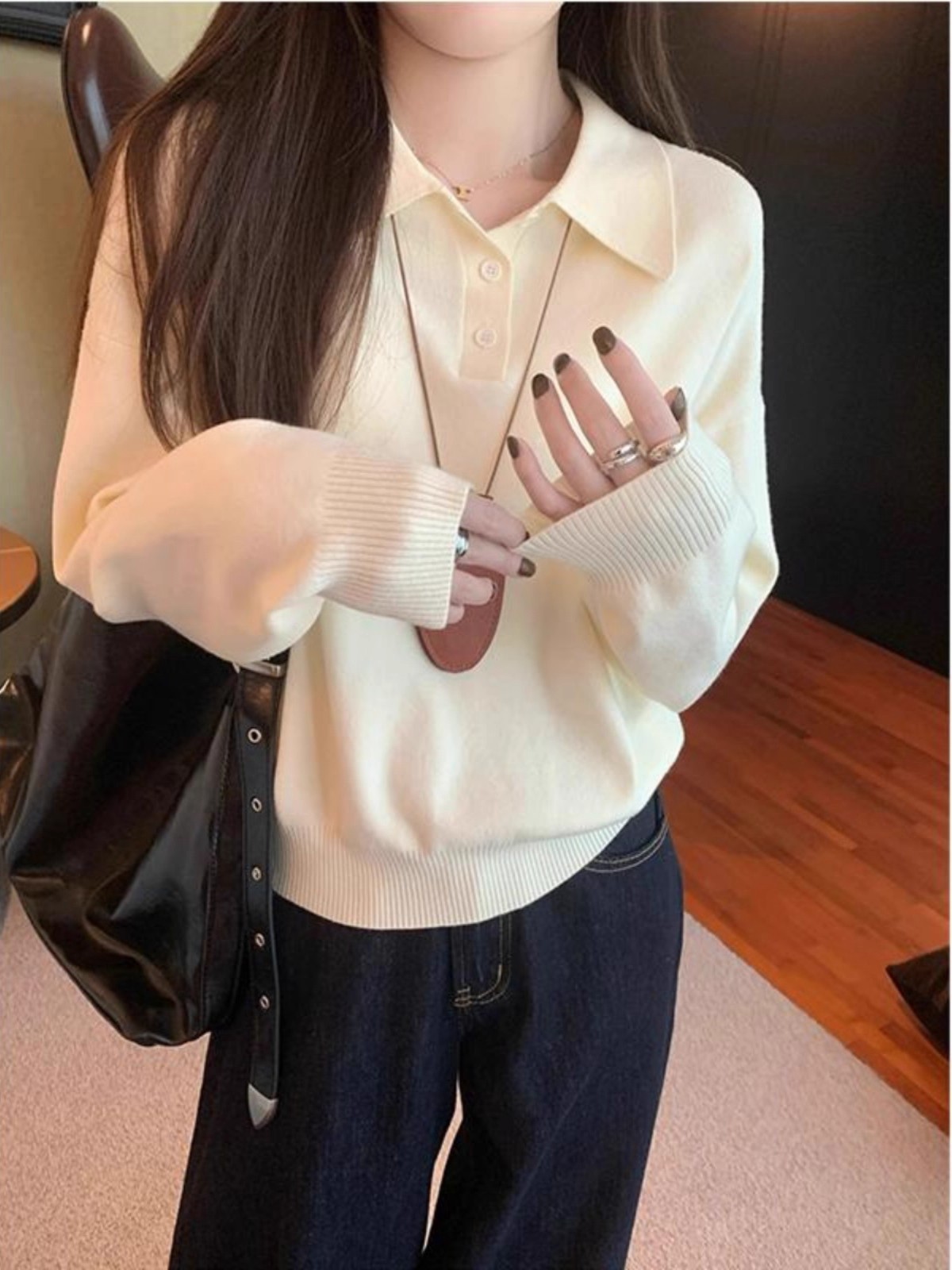 韩系polo领松弛感针织毛衣女2025春秋简约慵懒打底衫修身内搭上衣