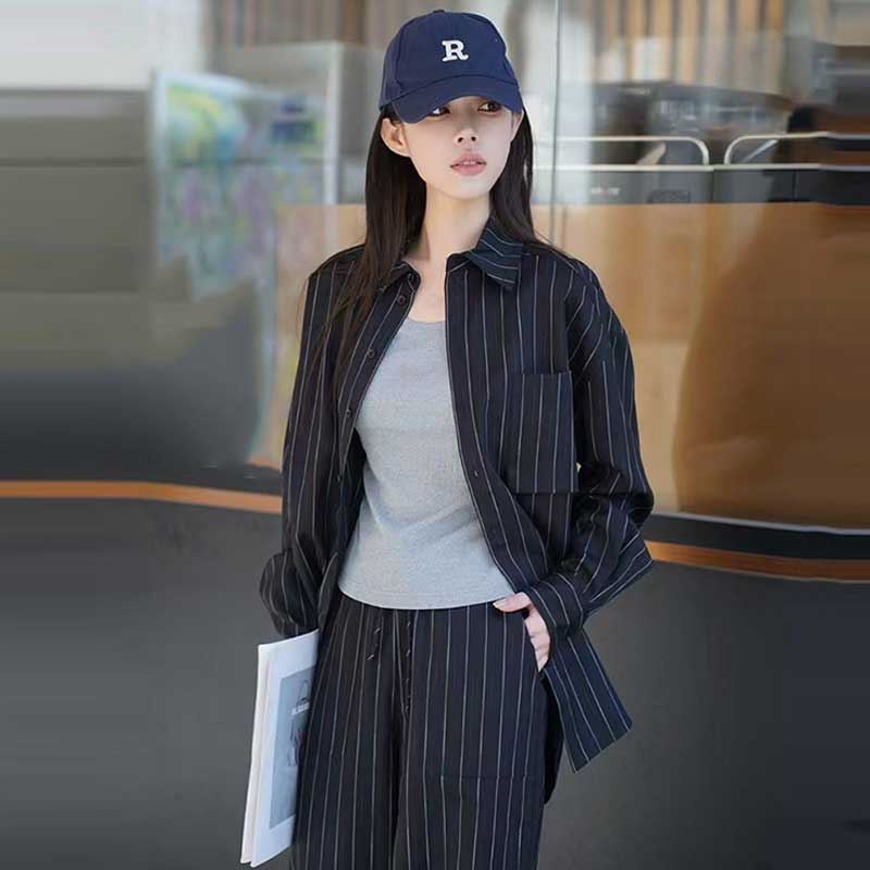 【商场同款】女装春夏新款时尚百搭松驰洒脱宽松长袖条纹衬衫130034