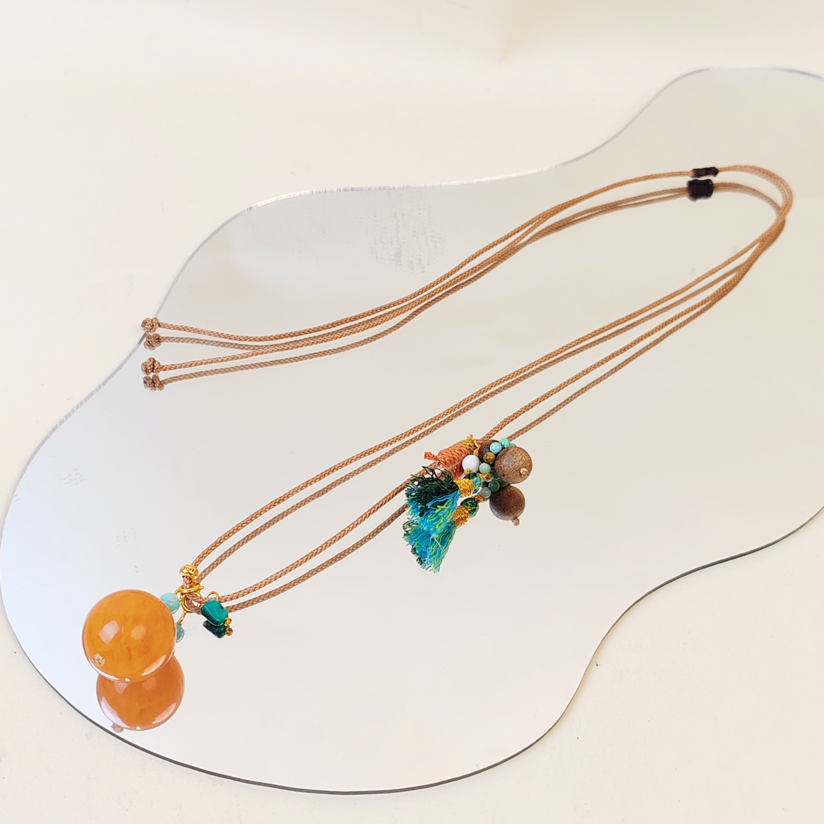 鸡油红18mm单珠猛犸小葫芦编绳项链