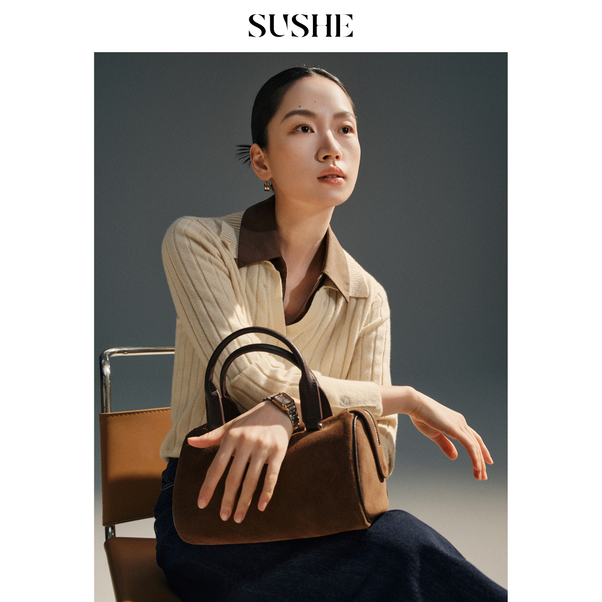 束皙SUSHE 解绎 100羊毛可拆卸双层衬衫领拼接竖坑条高弹针织衫女