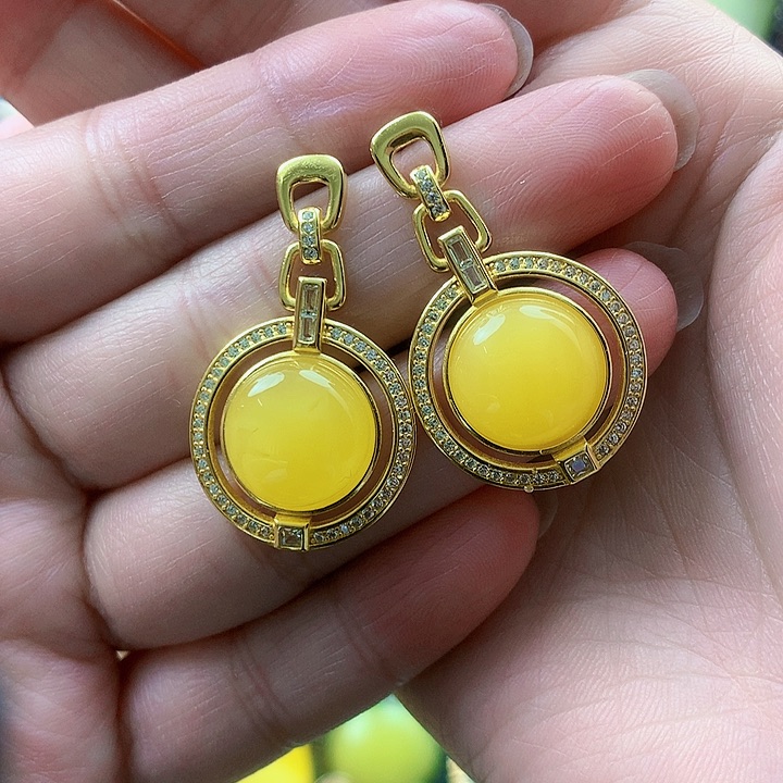 琥珀裸石银S925镶嵌耳坠