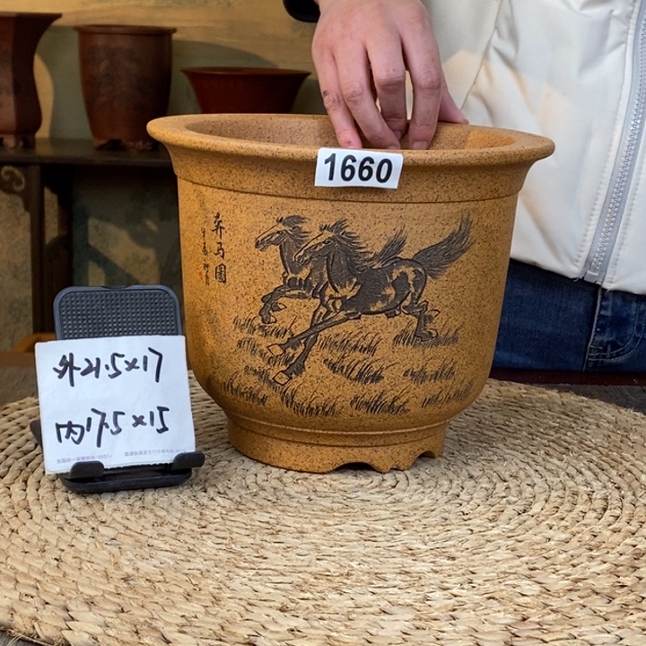紫砂花盆  特惠柴烧精品奔马图金钟1660