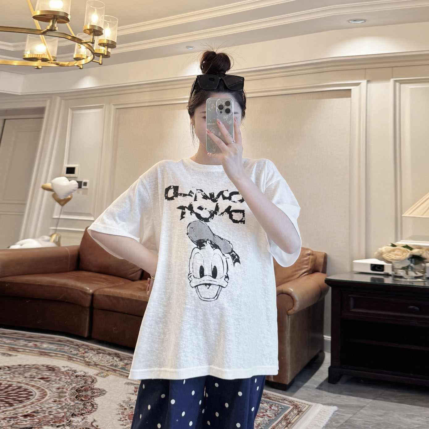 凉感花纱棉卡通孕妇夏季新款韩版唐老鸭慵懒风短袖T恤宽松上衣
