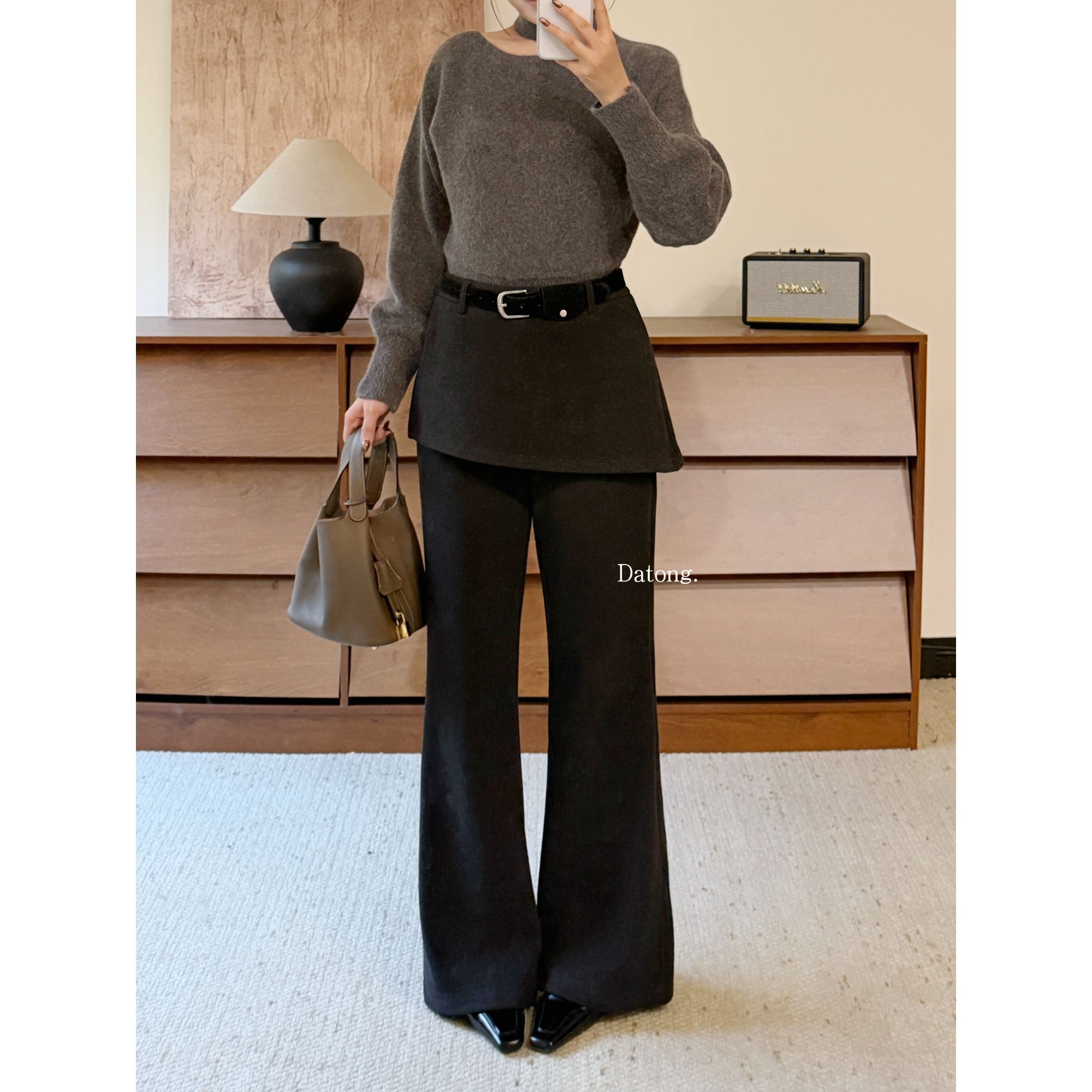 【Datong】(配皮带）设计屁帘微喇裤冬新款加绒高腰显瘦休闲长裤