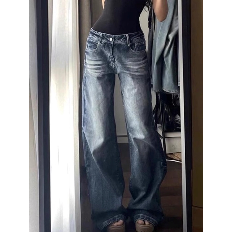 美式复古高街辣妹阔腿牛仔裤女夏季2025新款显瘦宽松直筒拖地裤子