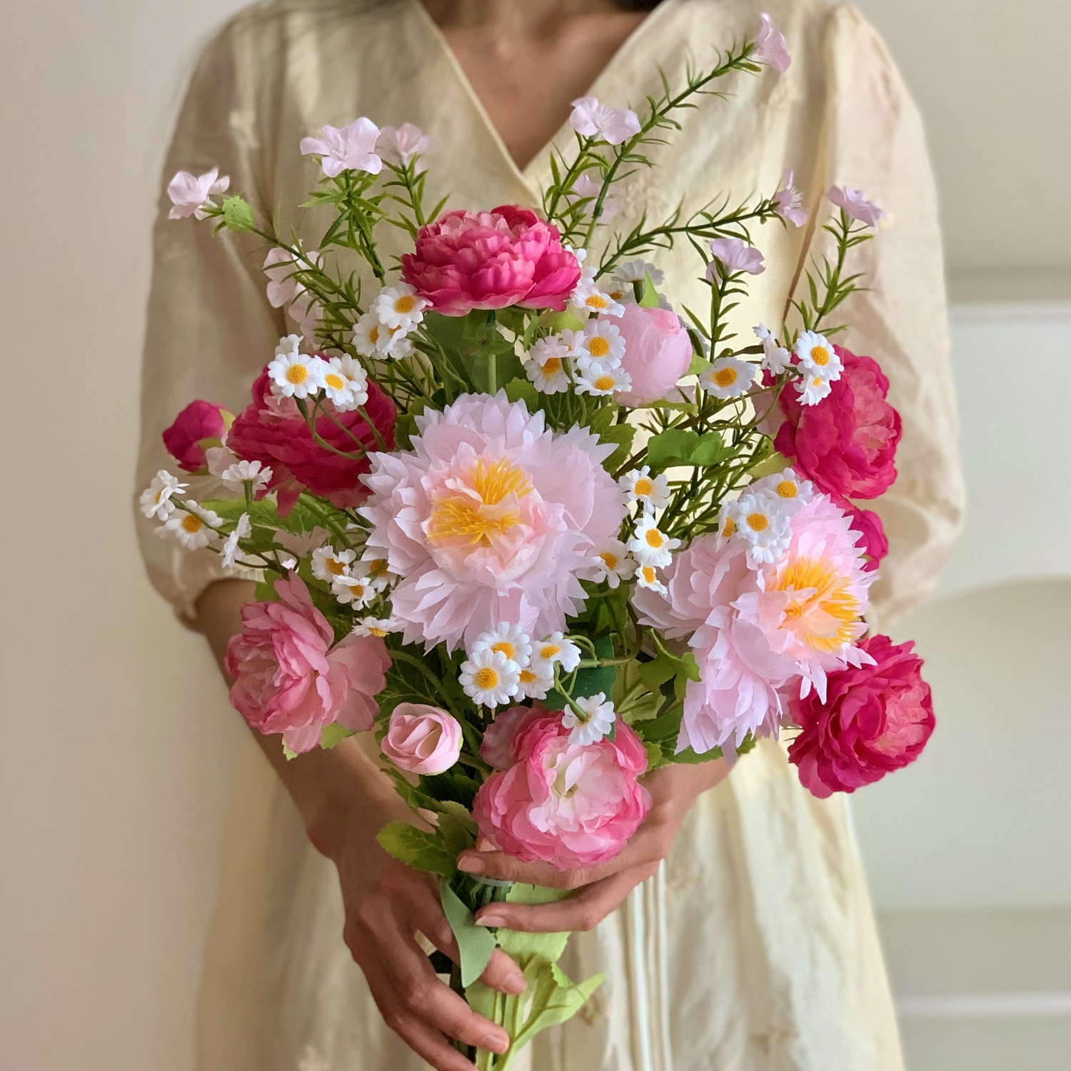 粉雾 仿真花小雏菊野花露莲花束花瓶摆件客厅插花结婚手捧花装饰