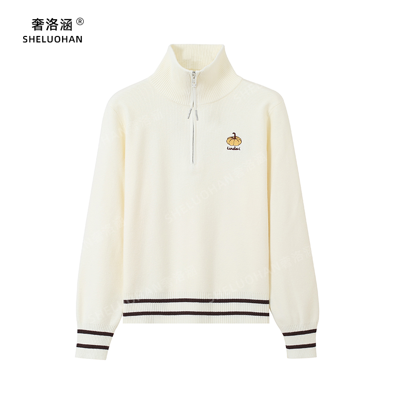 南瓜刺绣半高领拉链条纹针织衫女秋冬款安迪绒加厚学院风保暖毛衣