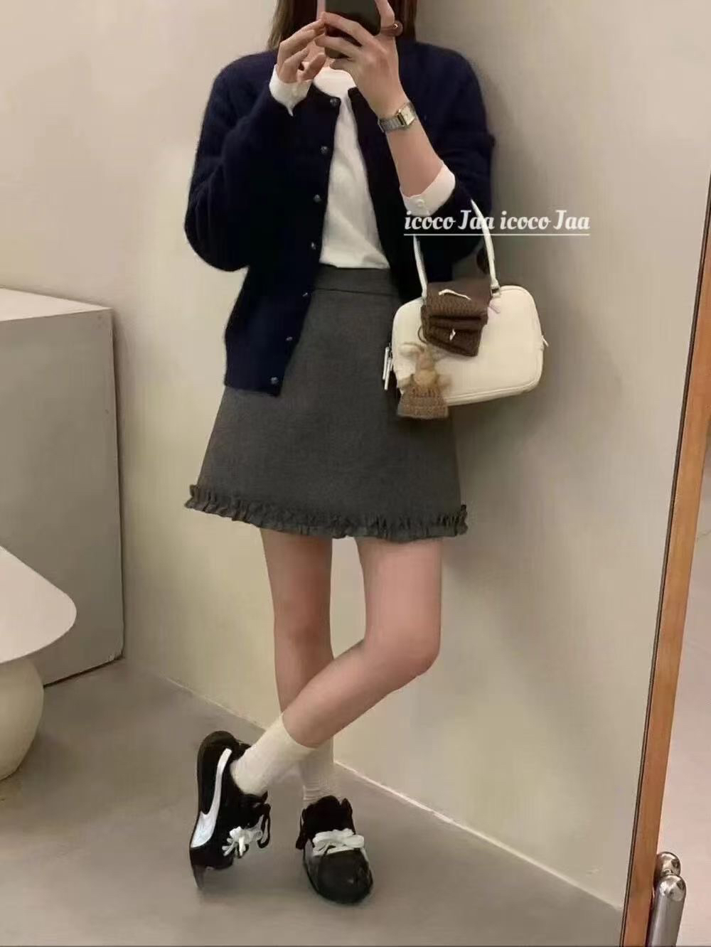 【栗子家】冬季新款毛呢加厚灰色半身裙