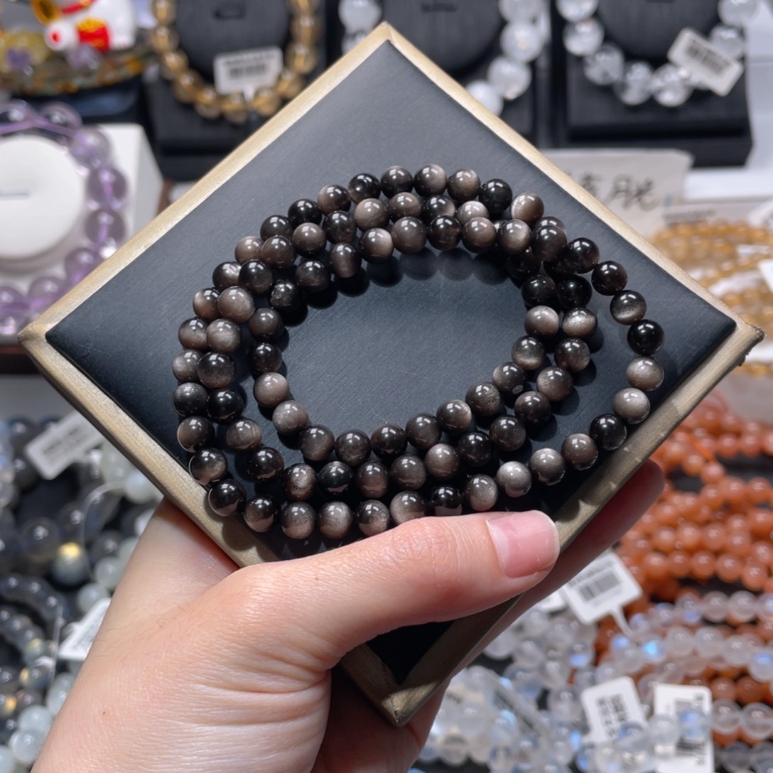 黑曜岩未镶嵌手链多圈银曜石6m