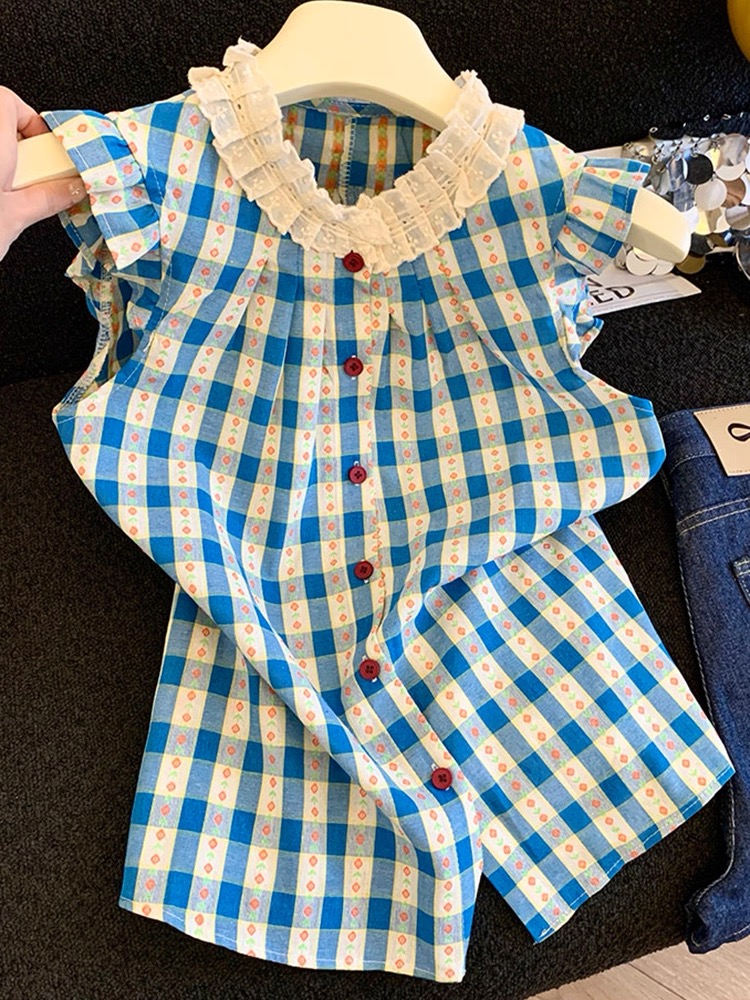 D（601-800编码）非图片款慎拍～韩版紫色小众蕾丝格子衬衫