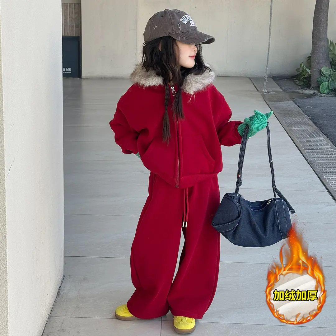 女童红色加绒套装秋冬款2025新款女大童超好看年服女孩过年衣服潮