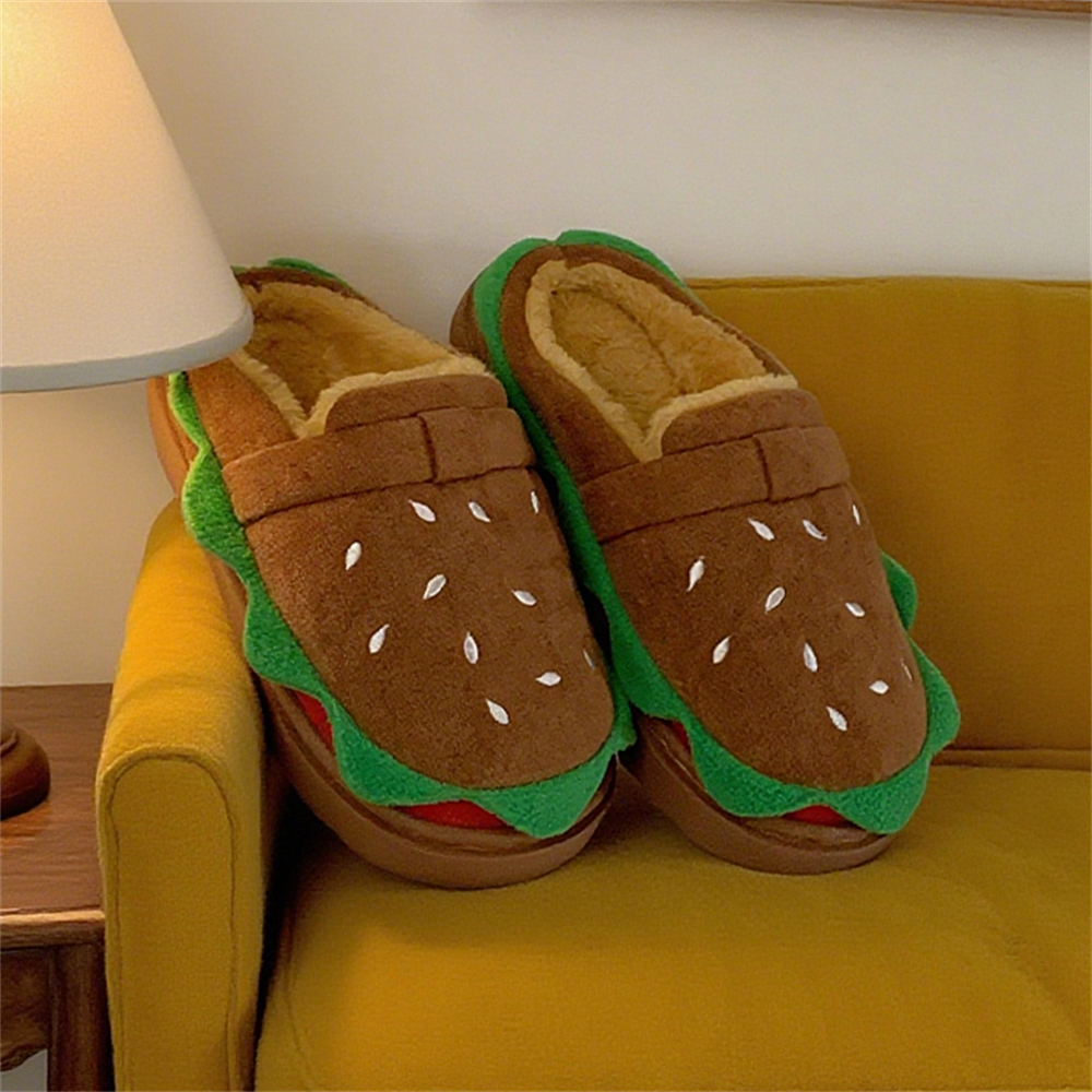 可爱趣味汉堡家居勃肯拖鞋加绒防滑卧室保暖少女心女士棉拖鞋冬季