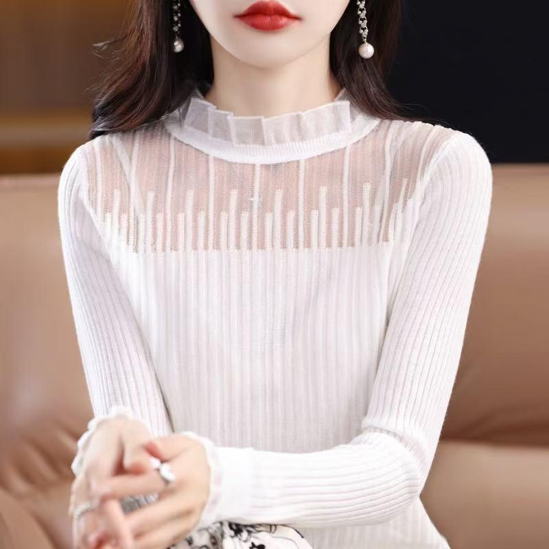 正品撤柜木耳边蕾丝镂空针织衫新款内搭长袖打底衫毛衣上衣