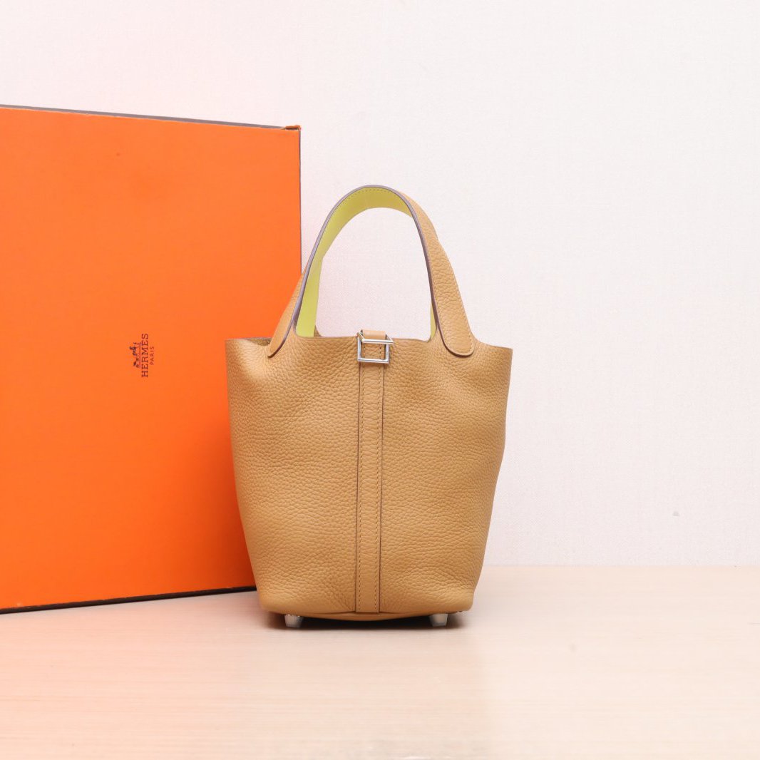 95新 Hermes/爱马仕 小花黑黑 菜篮子18 芝麻色拼柠檬黄 Y刻 包