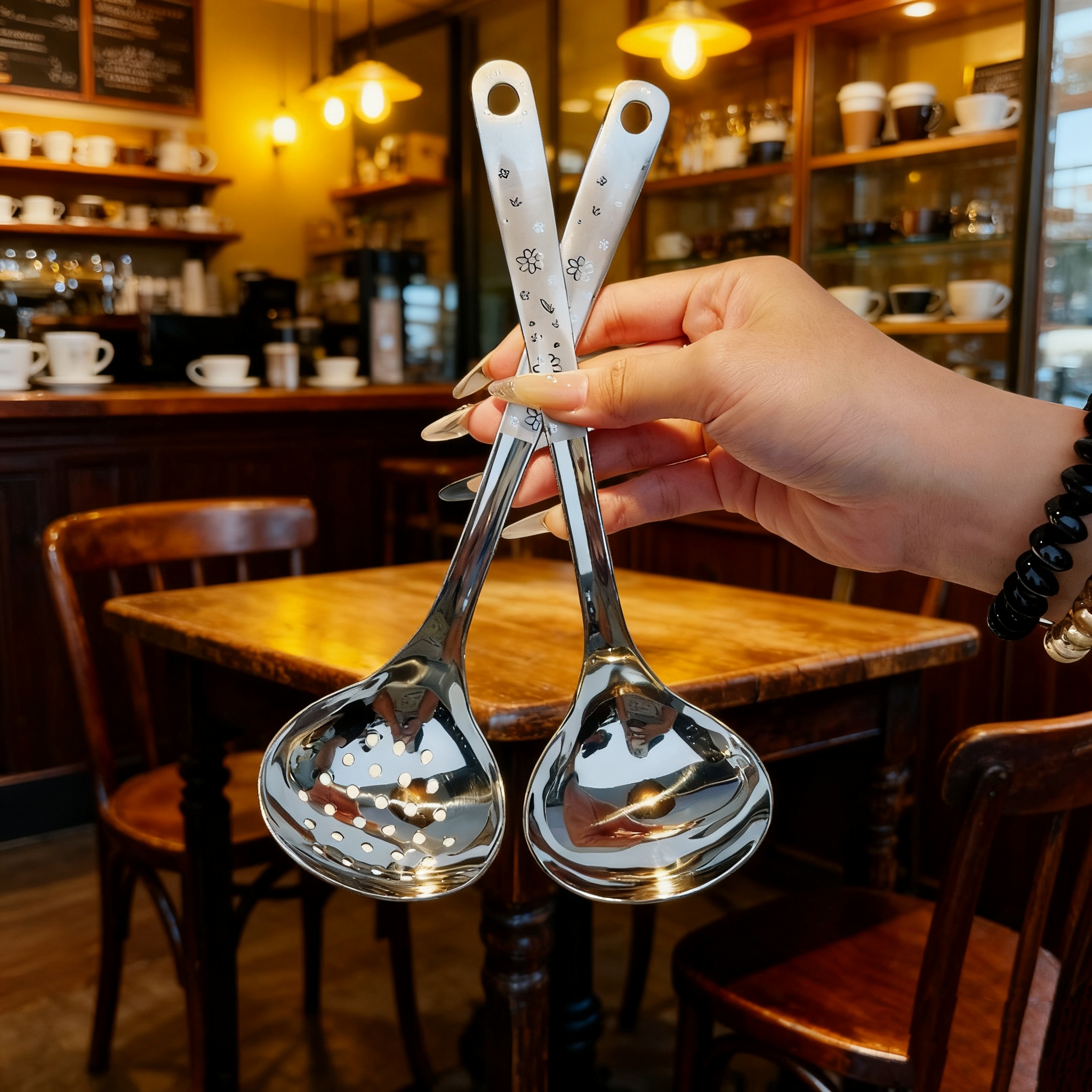 碎花勺漏18-8不锈钢家用大号汤勺盛汤长柄舀勺漏勺盛粥火锅勺