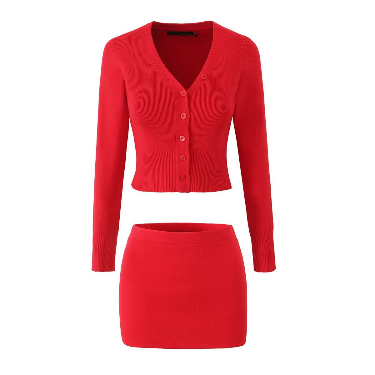 美式秋季长袖V领针织开衫百搭款纯色性感针织包臀裙半身裙两件套