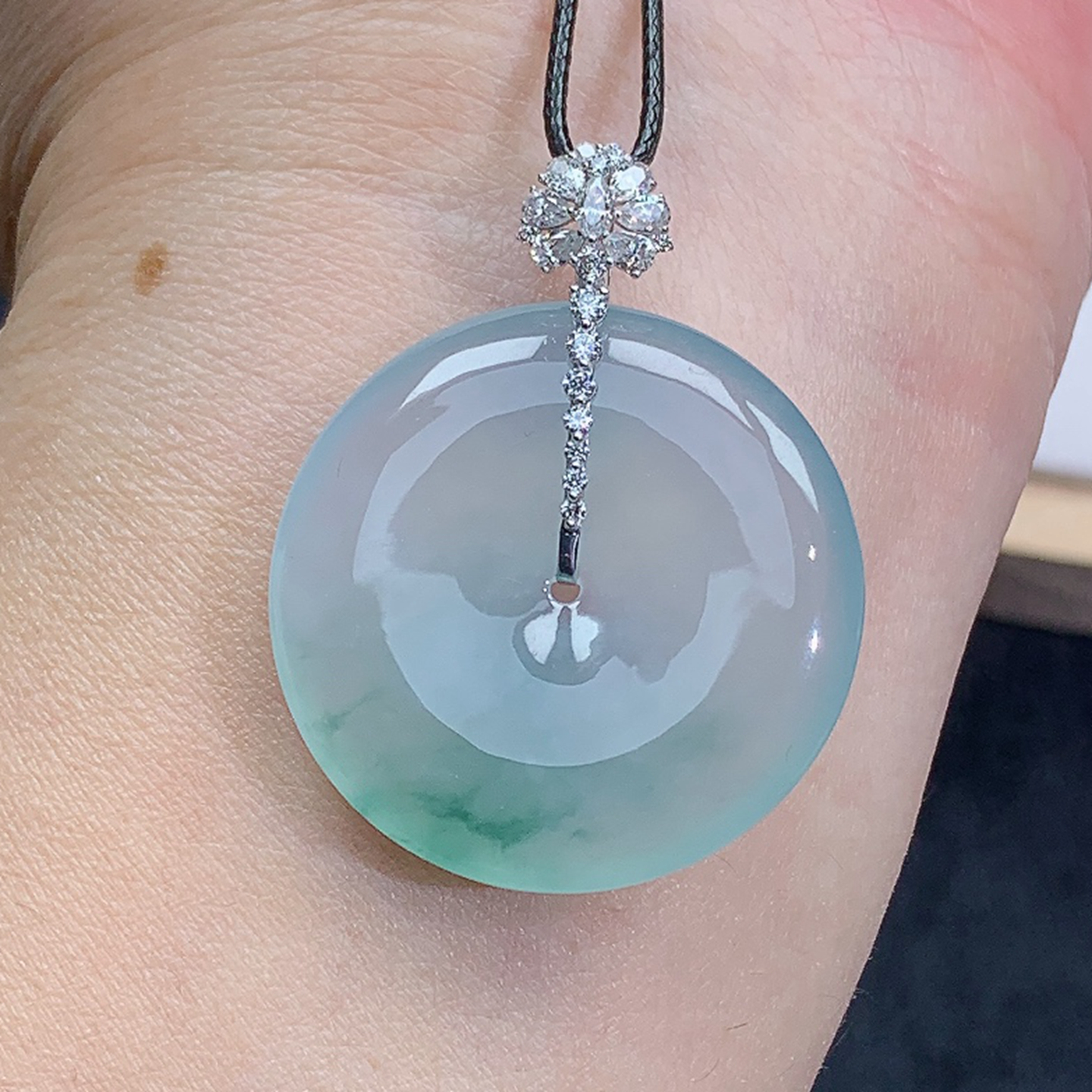 冰润 冰种飘花 18K金扣头平安扣 吊坠 11.77g缅甸天然A货翡翠玉石