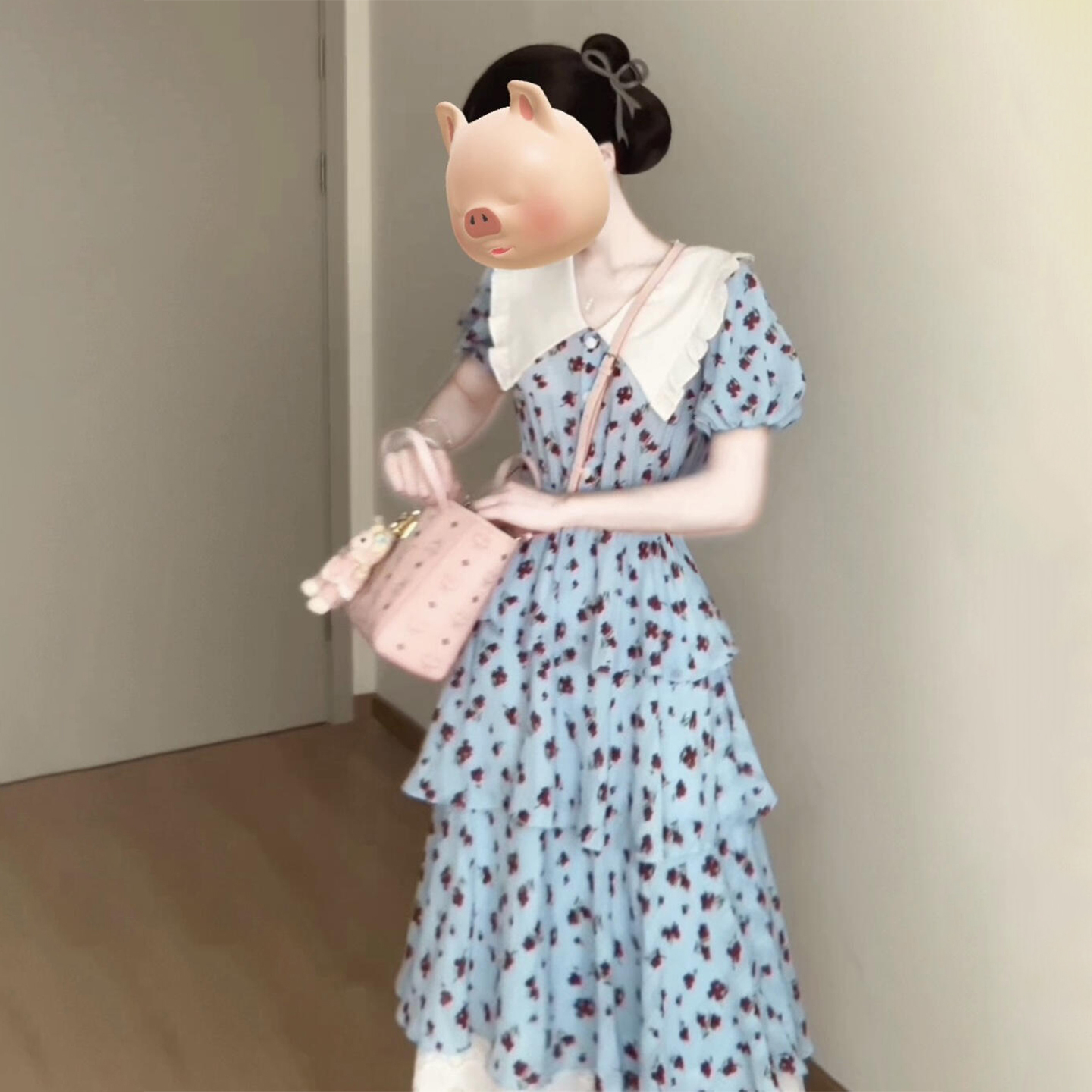 【清仓】5136蓝色娃娃领碎花连衣裙子女夏季2025新款海边度假长裙