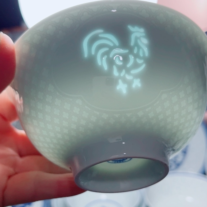 青花玲珑5寸饭碗生肖。鸡