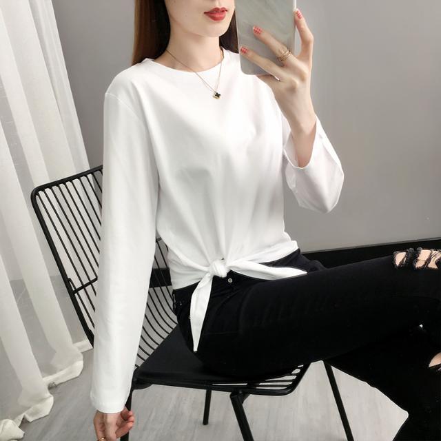 圆领下摆绑带宽松长袖打底衫纯色韩式t恤女短款高腰上衣TS8100