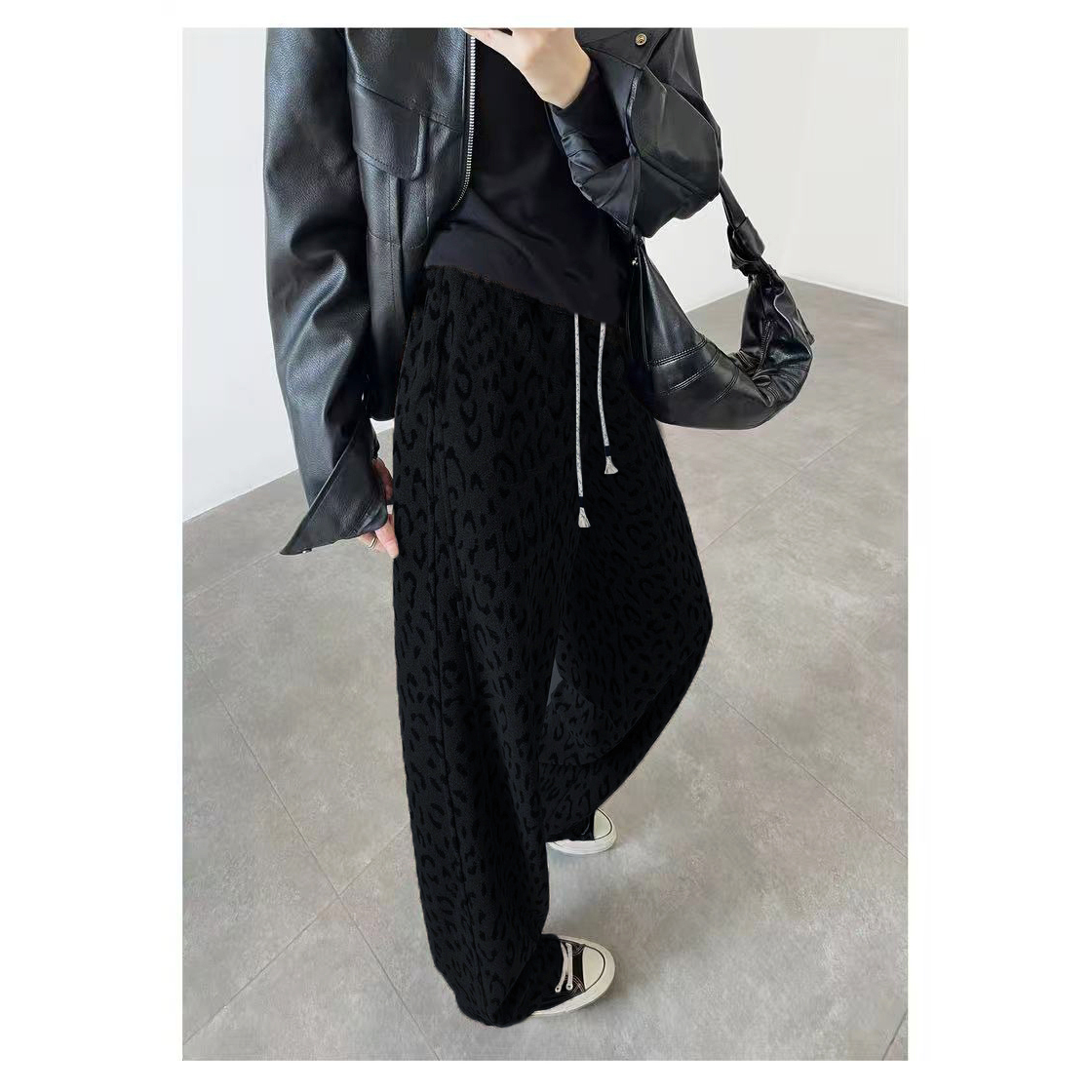 【桑蚕丝羊毛&豹纹分割线直筒裤】秋冬新款加绒休闲豹纹直筒裤DF397