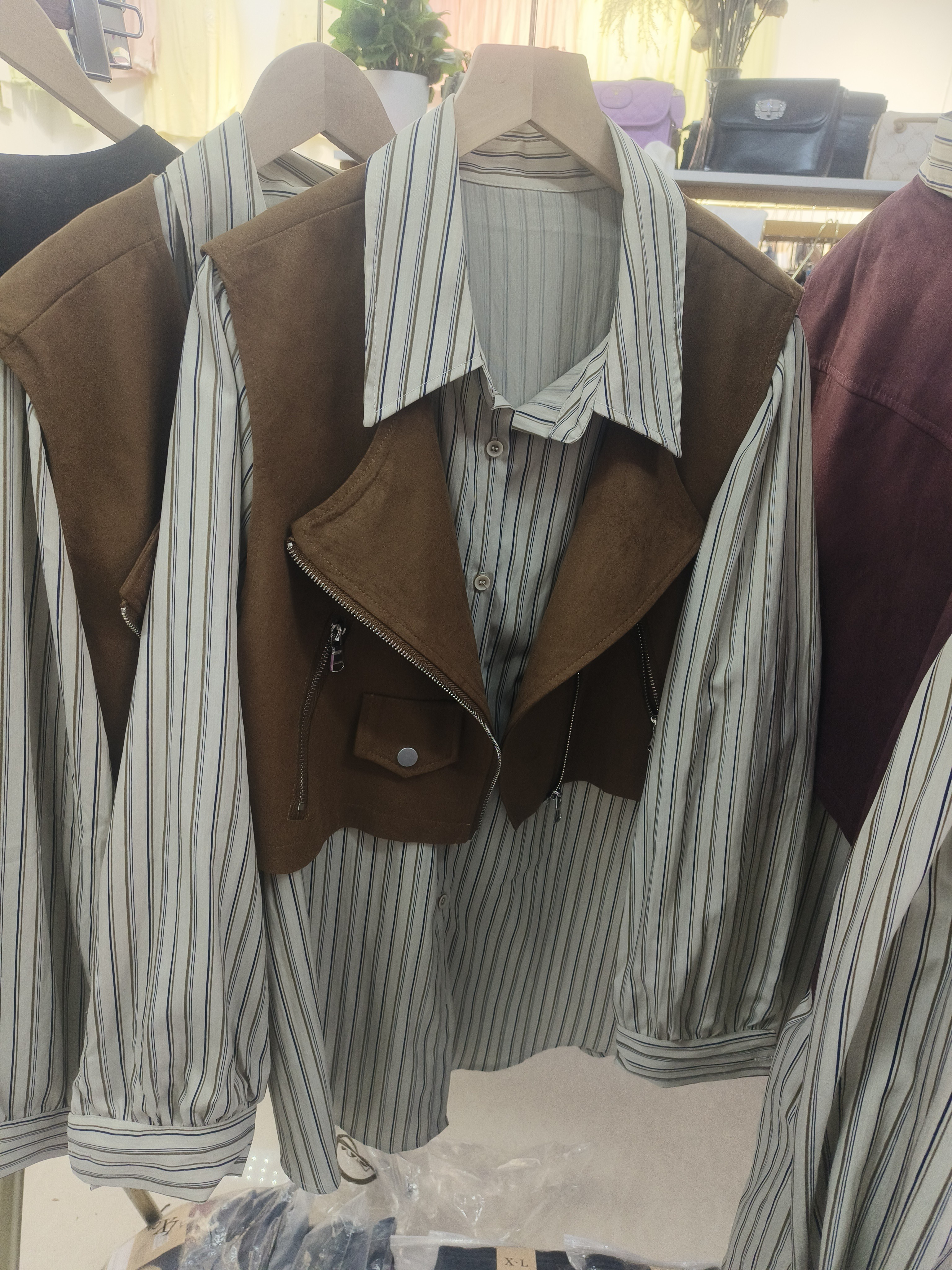 条纹衬衫鹿皮绒马甲外套时尚两件套休闲百搭春季新款