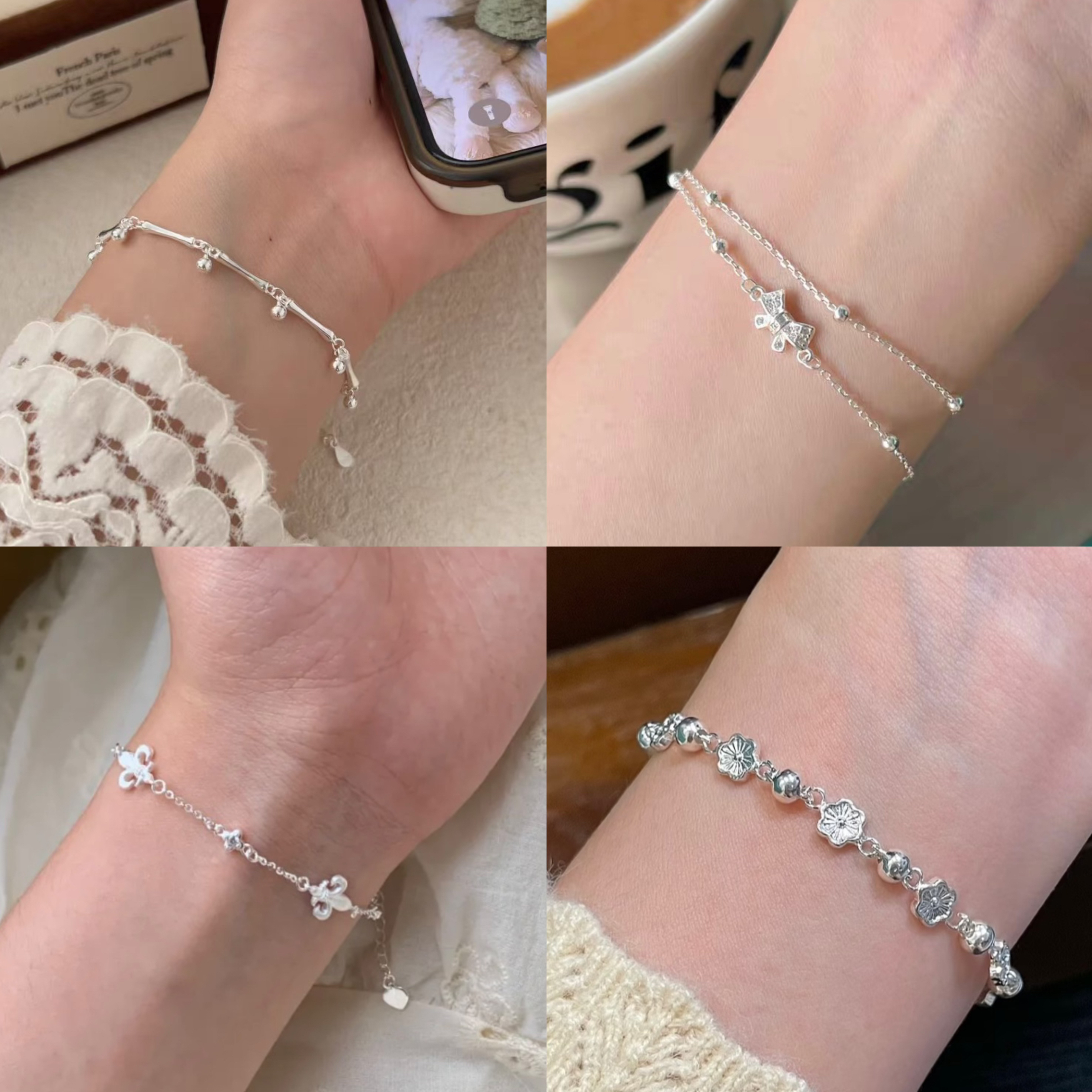 足银手链 足银990竹节蝴蝶结鸢尾花甜美纯银蝶恋花ins风手链合集