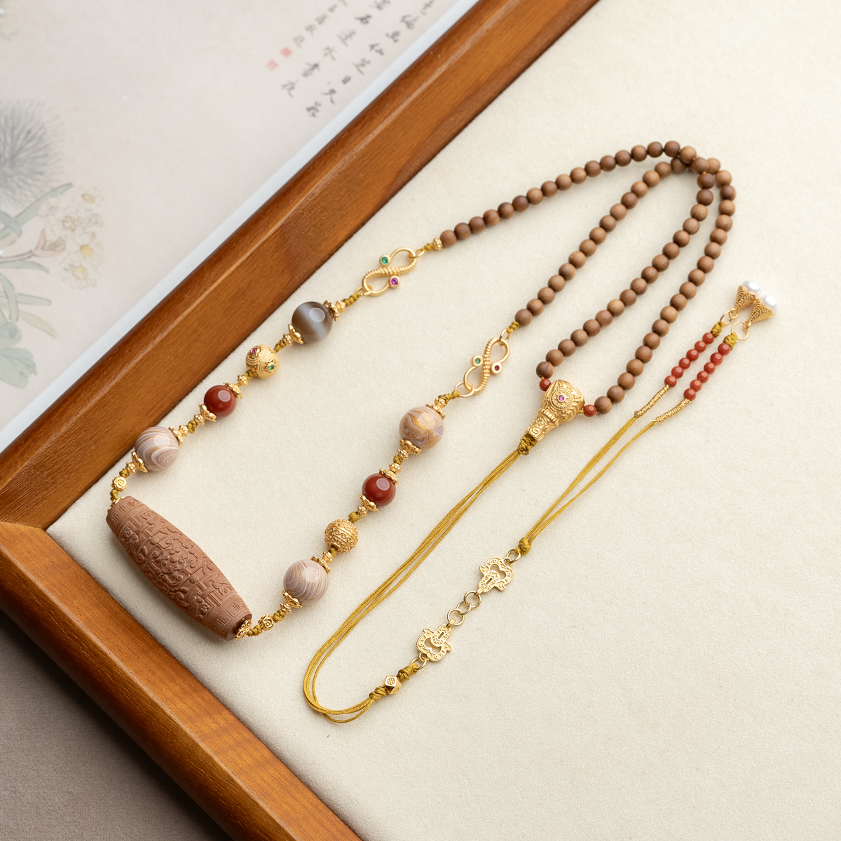 老山檀香小天吊坠大漆珠银饰新中式项链