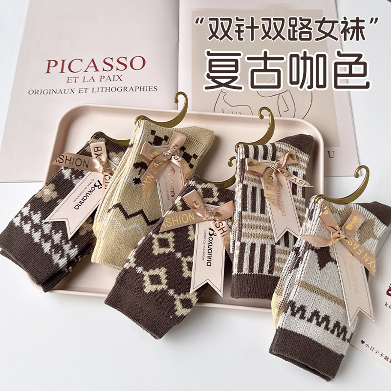 袜子女秋冬保暖双针双路棉袜复古精梳棉堆堆袜学院风女士中长筒袜