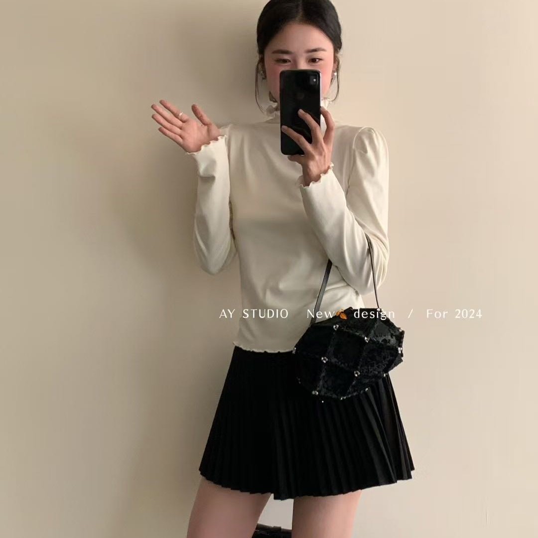 《朵妈衣橱》秋冬高领打底衫木耳边泡泡袖显瘦百搭上衣