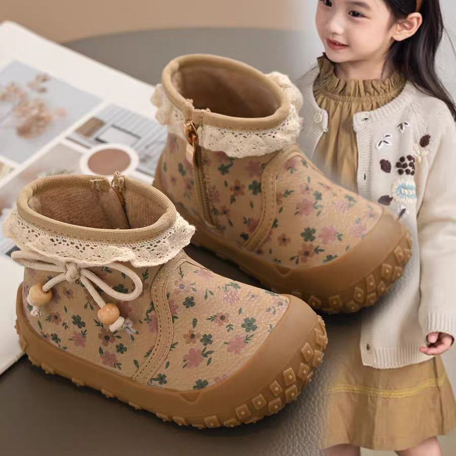 女童靴子2025冬季新款儿童时尚加绒小碎花棉鞋小女孩软底防滑短靴