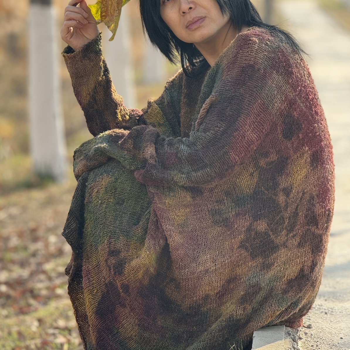 手工编织植物染色一百的柞蚕丝油画色套头衫