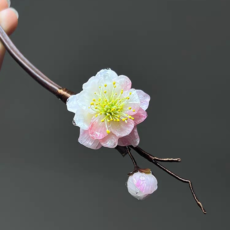 双色粉梅热缩花发簪原创设计发簪日常国风百搭梅花檀木簪旗袍盘发