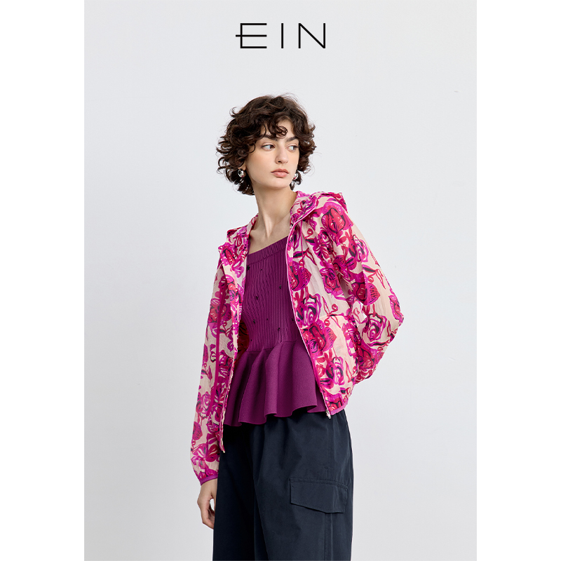 EIN/言多巴胺丝光玫瑰印花连帽抽绳拉链时髦短外套2025早春新款