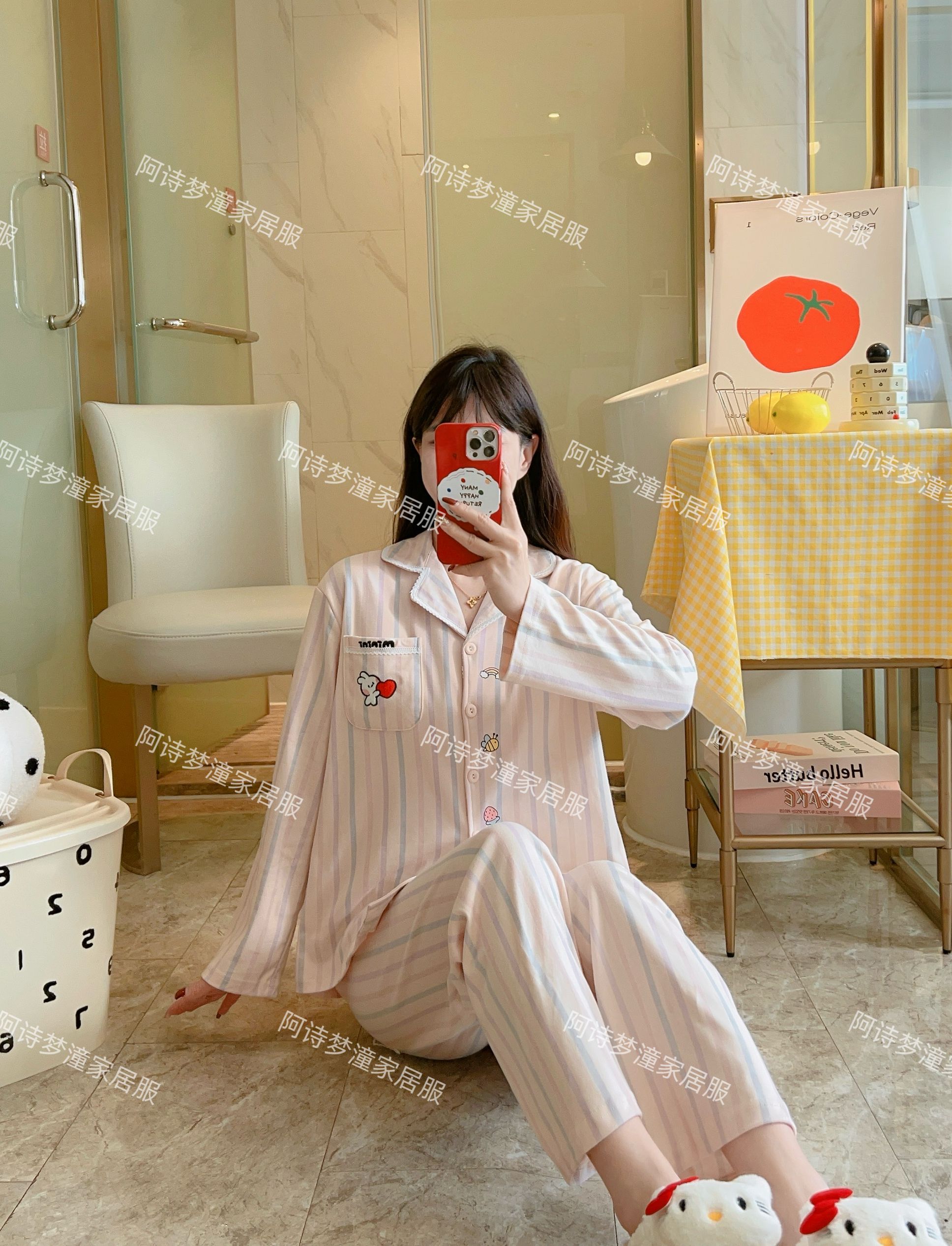 188#秋冬双面加厚100%纯棉彩虹条高货女士长袖睡衣胸垫套装家居服