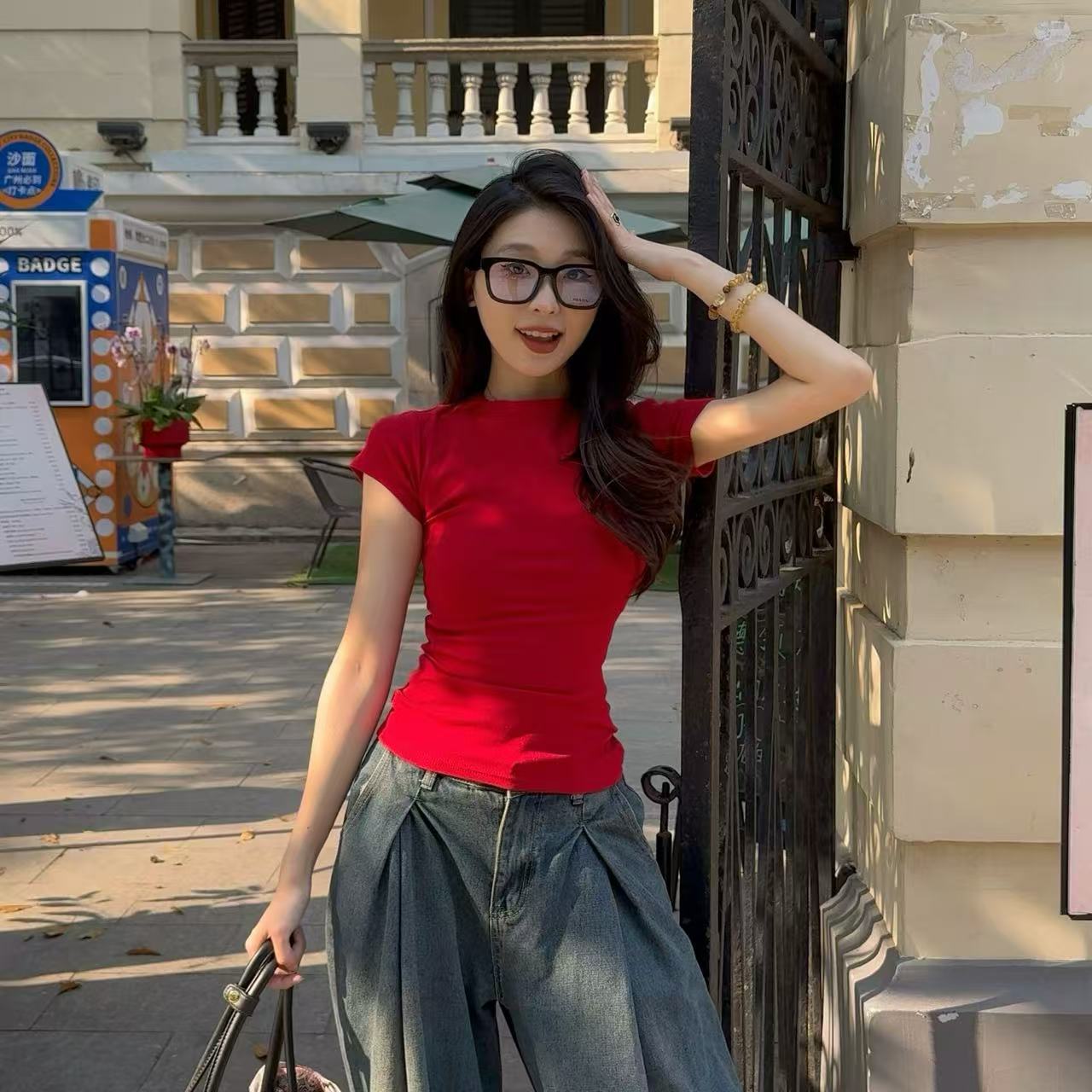 【粉丝专属】夏季正肩圆领T恤修身显瘦辣妹风收腰百搭短袖T恤ins