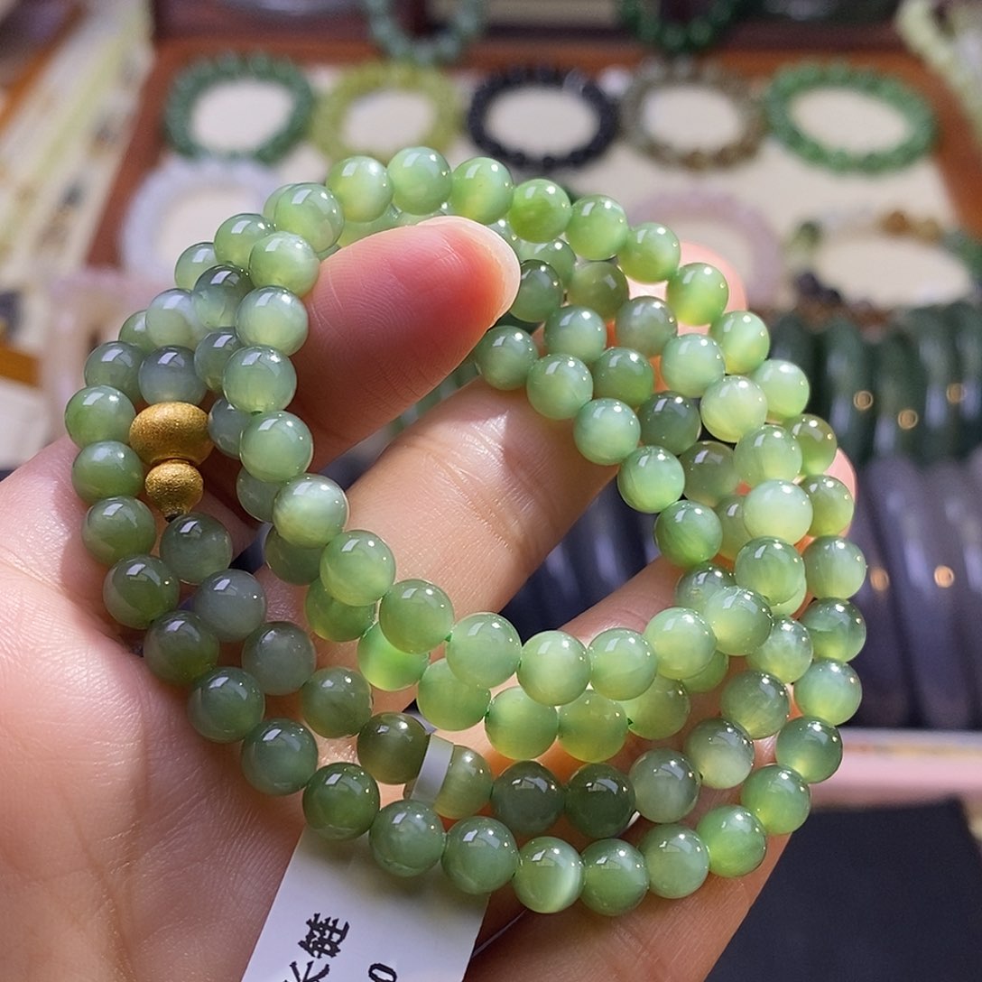 颈饰未镶嵌和田玉毕业级老坑料碧玉猫眼珠链6m