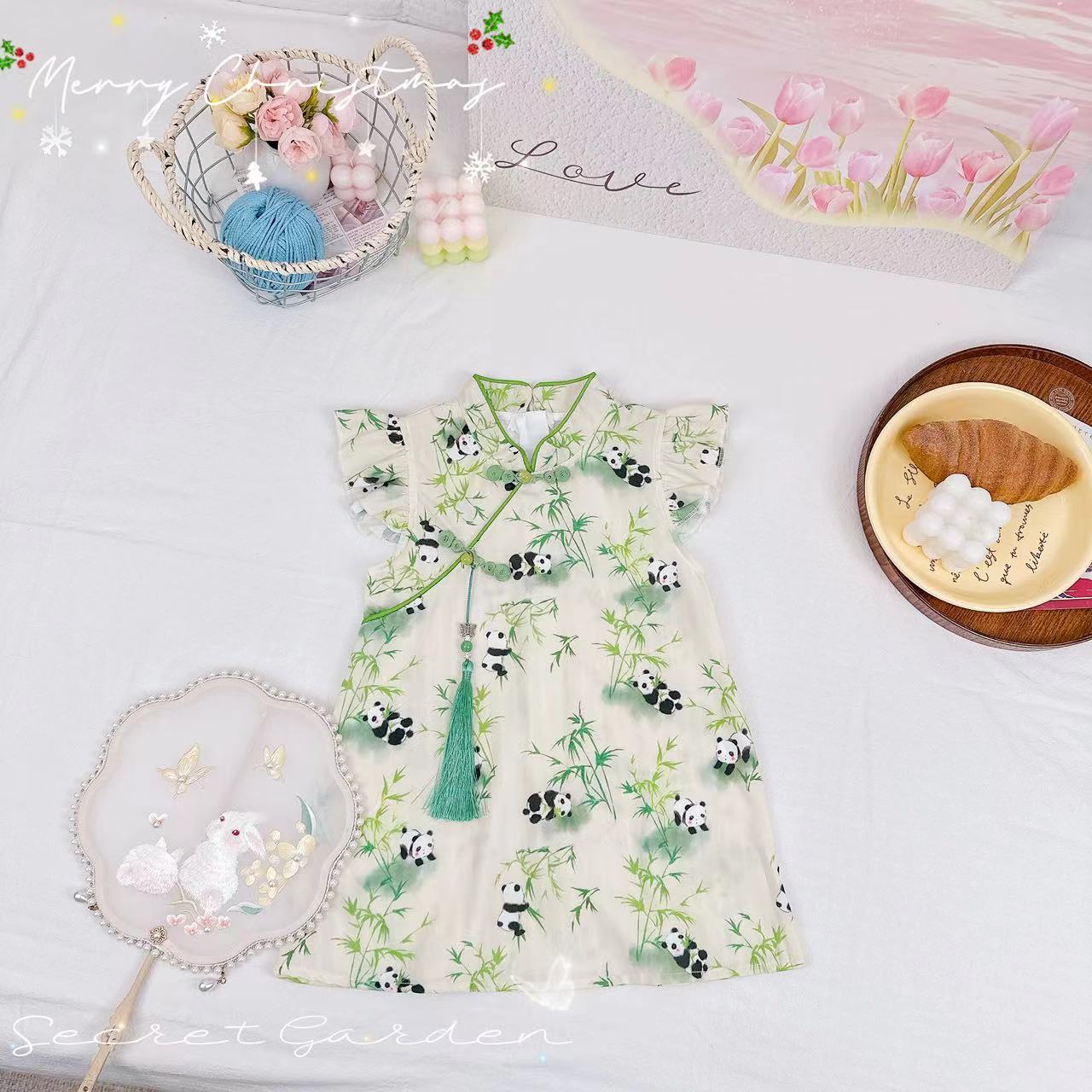 新款夏装国潮休闲时髦盘扣流苏熊猫女童连衣裙 D-S179