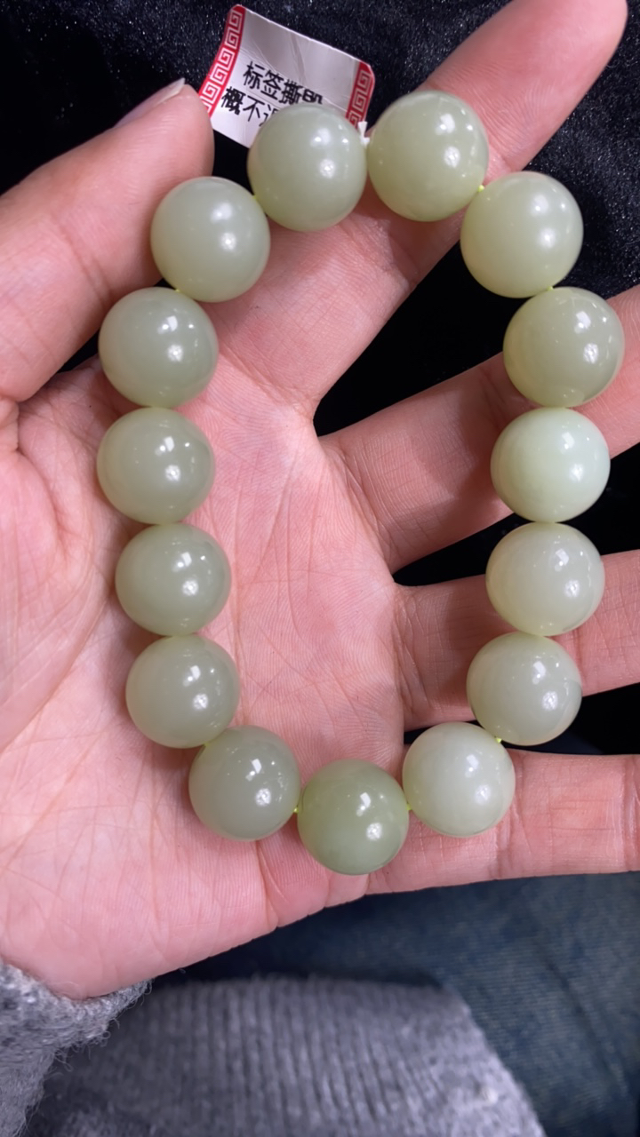 纯天然和田玉新疆若羌青黄口卡14圆珠