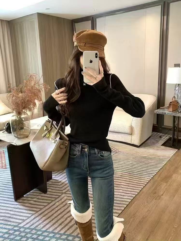 法式撞色8088高领针织打底衫女设计感小众堆堆领内搭秋冬上衣